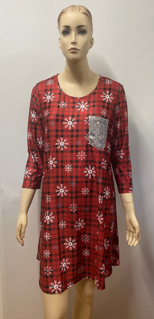 Plaid Snowflake Printed Dress with Sequin Pocket