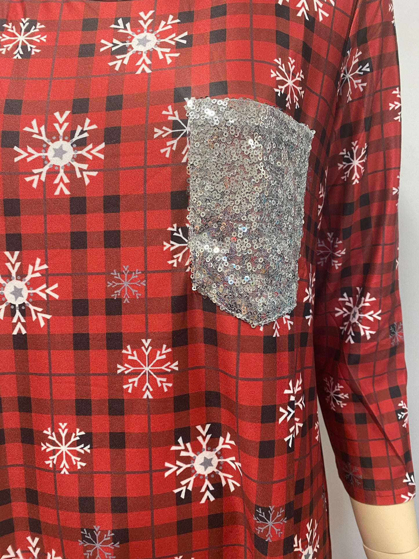 Plaid Snowflake Printed Dress with Sequin Pocket