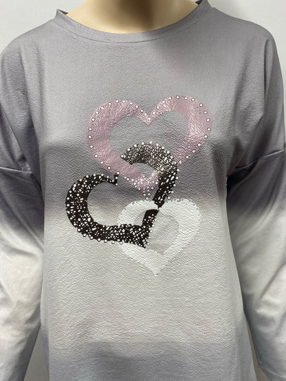 Grey Dip Dye Long Sleeve Top with Hearts