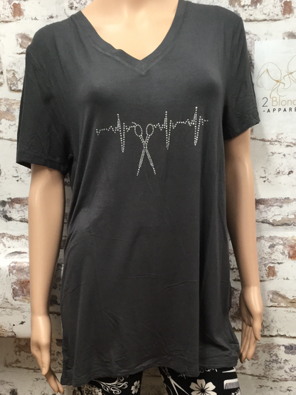 Slate Gray V Neck with Clear  Scissor Heartbeat Rhinestones