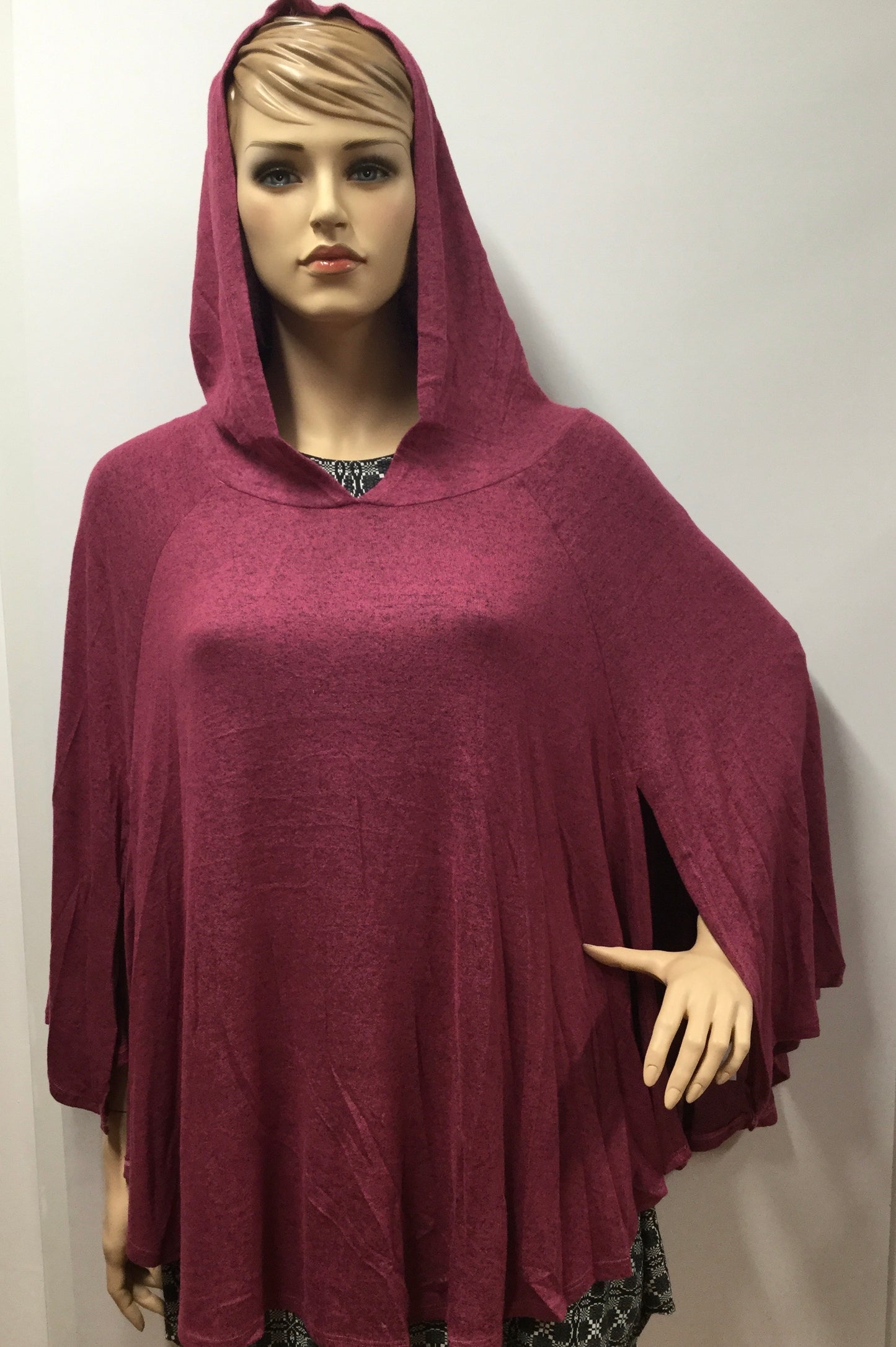 Plus Size Raspberry Hacci Brushed Poncho with Side Slits