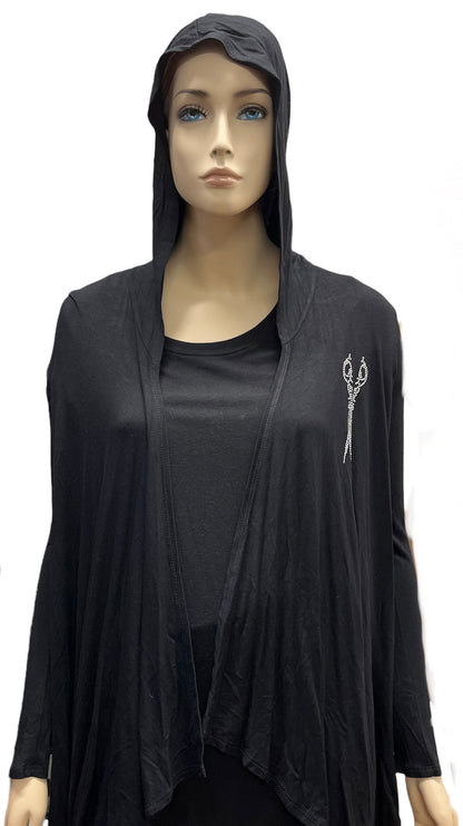 Stylist Mid Length Draped Hood Cardigan with Scissor Rhinestone