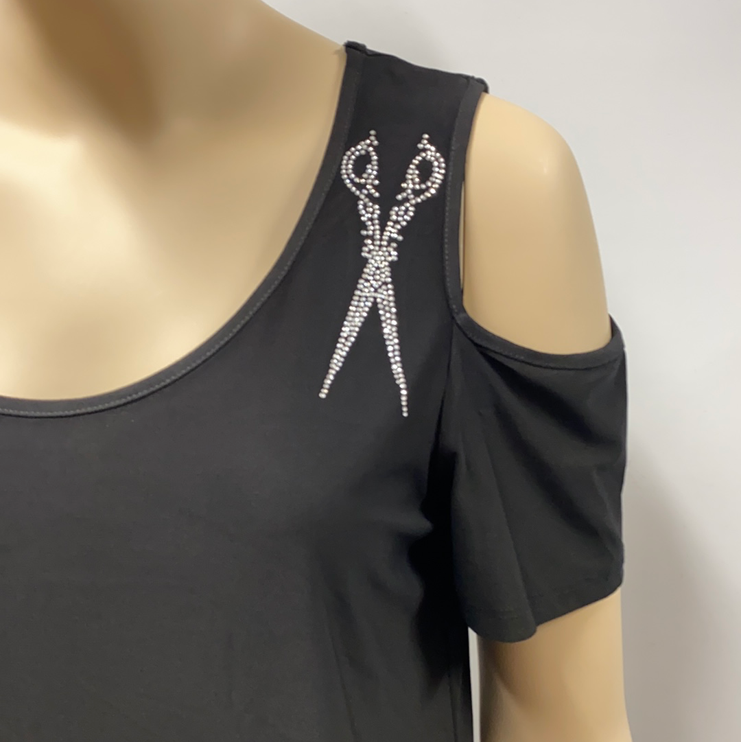 Stylist Cold Shoulder Top with Scissor Rhinestone Accent