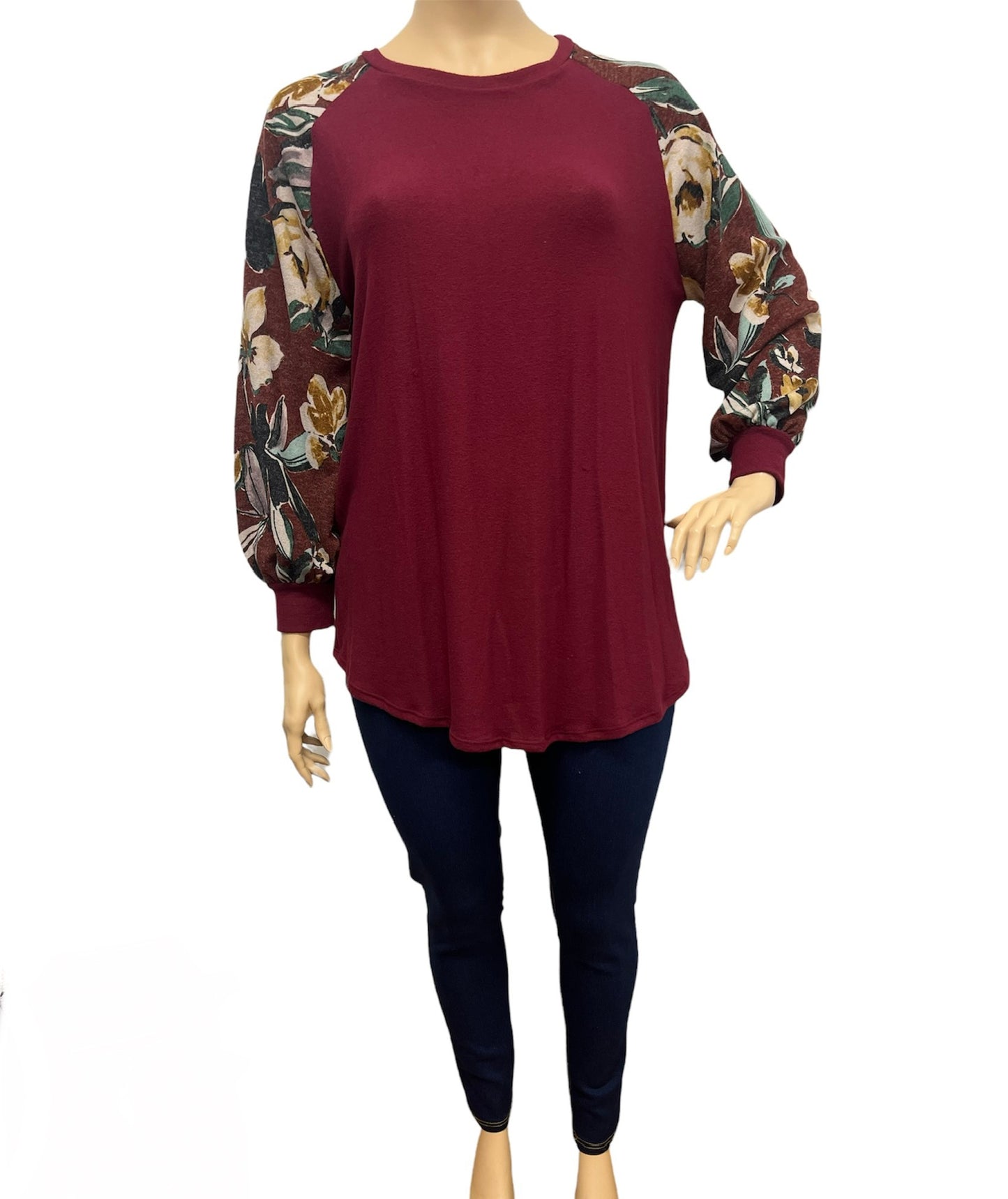 Betty Plus Size Wine Top w/ Floral Bubble Sleeves