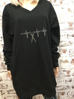 Oversized V Neck Sweatshirt W/ Pockets and Rhinestone Scissor HeartBeat