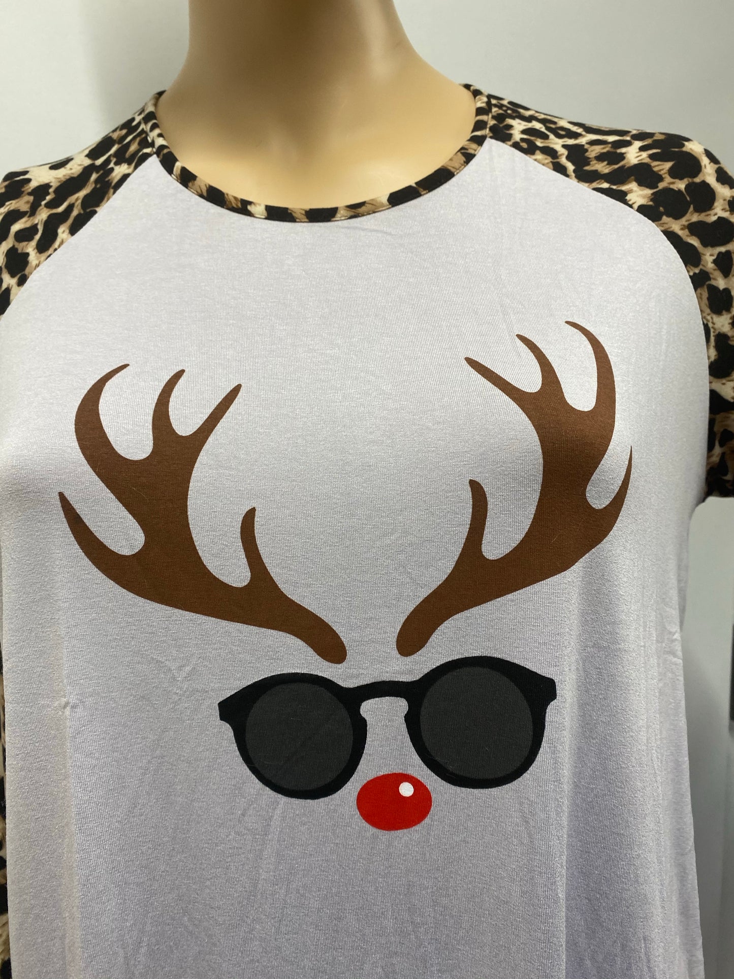 Reindeer T-Shirt with Leopard Print Sleeves