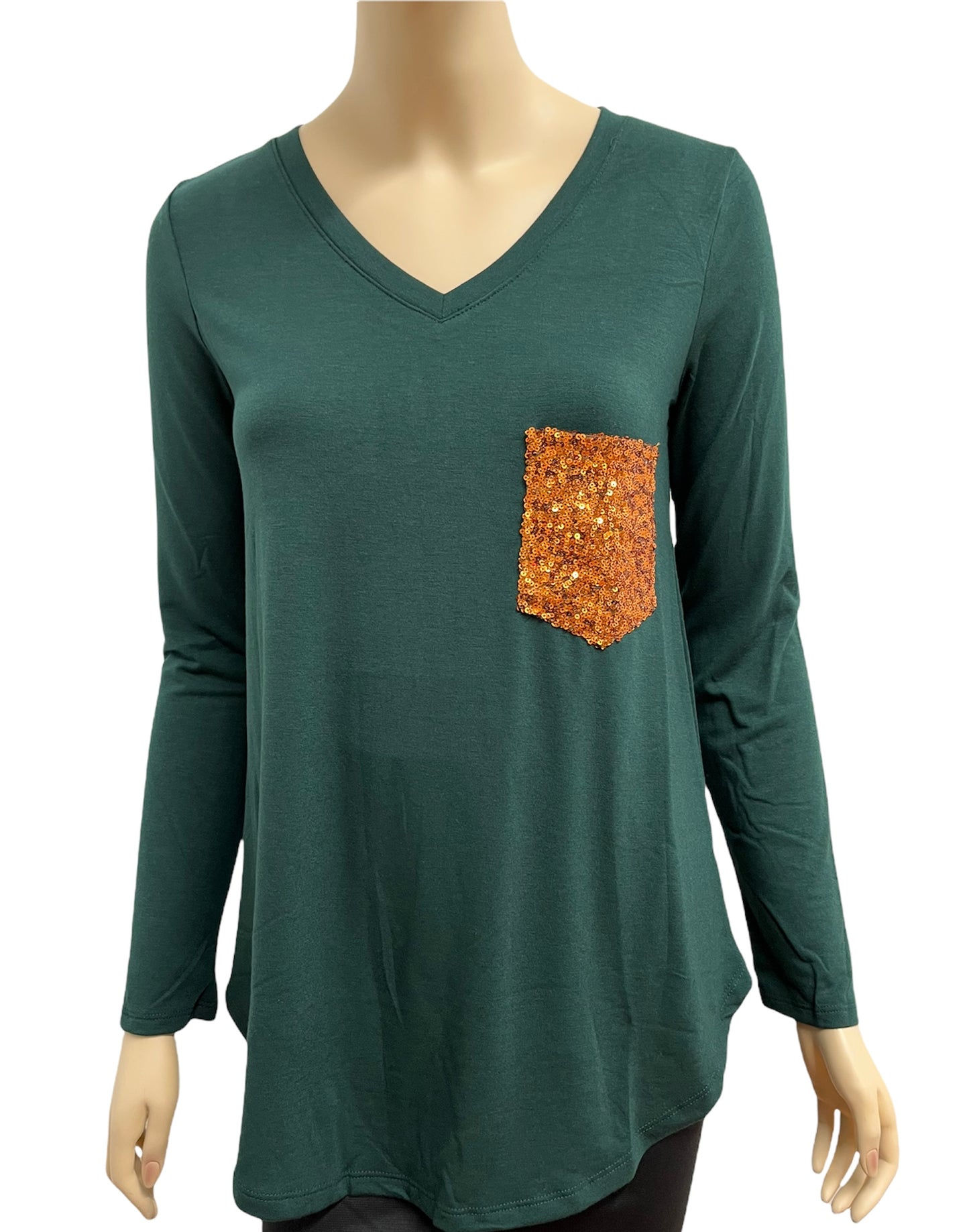 Long Sleeve V Neck Top w/Sequence Pocket