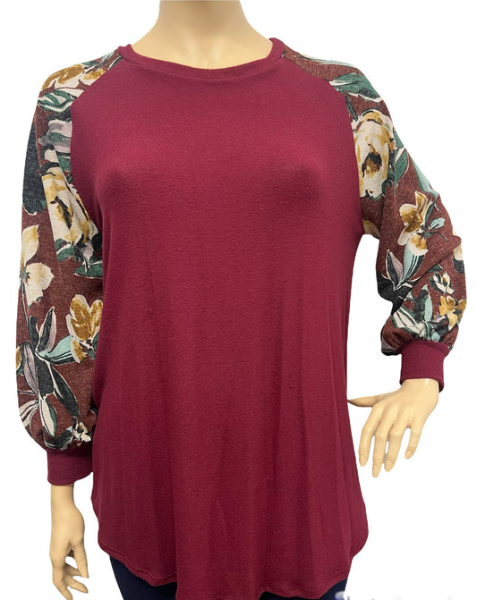 Betty Plus Size Wine Top w/ Floral Bubble Sleeves