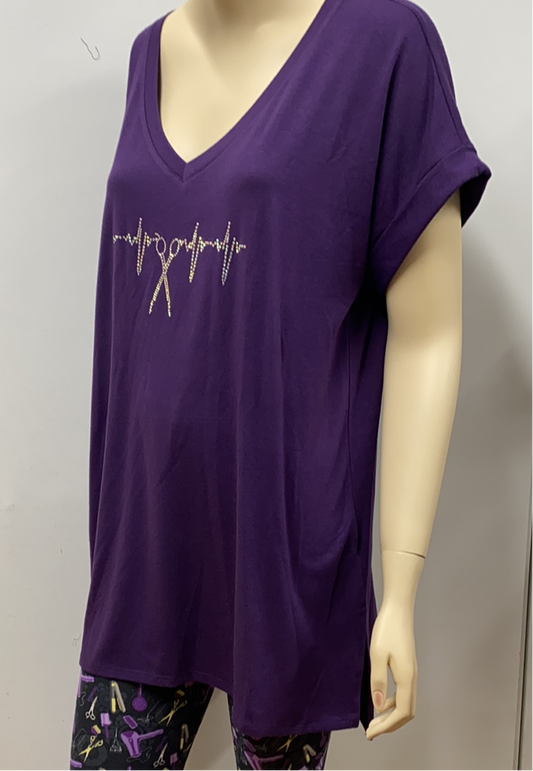 Plum V-neck Tee with Rolled Sleeves with Iridescent Scissor Heartbeat rhinestones