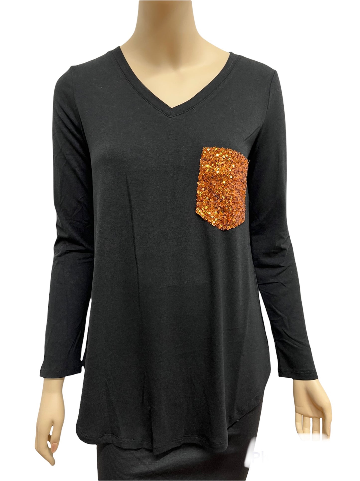 Long Sleeve V Neck Top w/Sequence Pocket