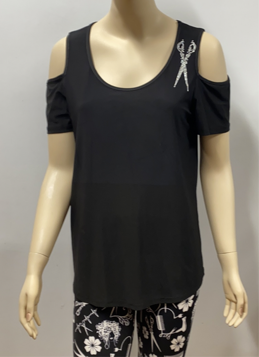 Stylist Cold Shoulder Top with Scissor Rhinestone Accent