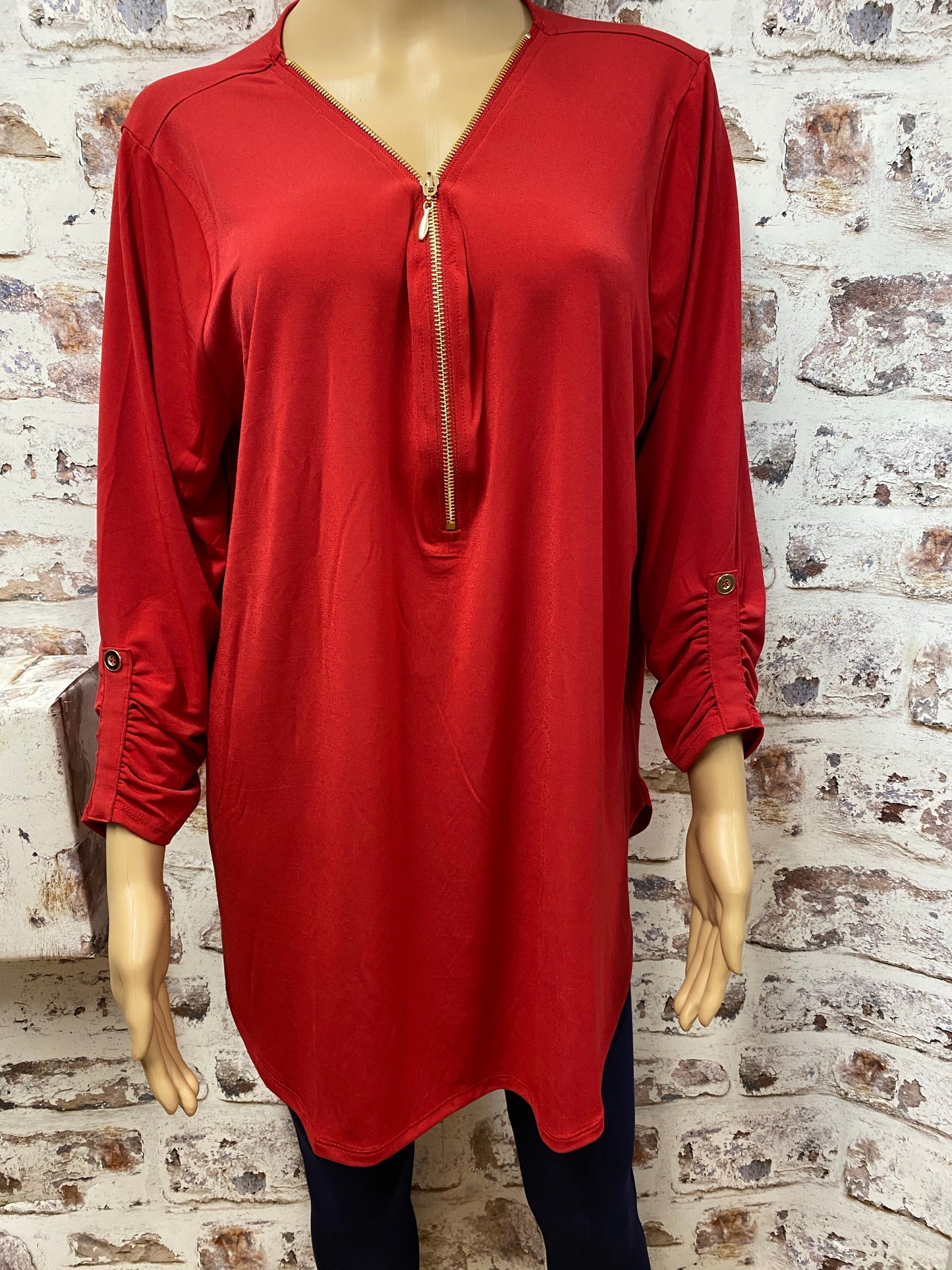 Plus Size Dark Red 3/4 Sleeve  Top with Zipper Accent