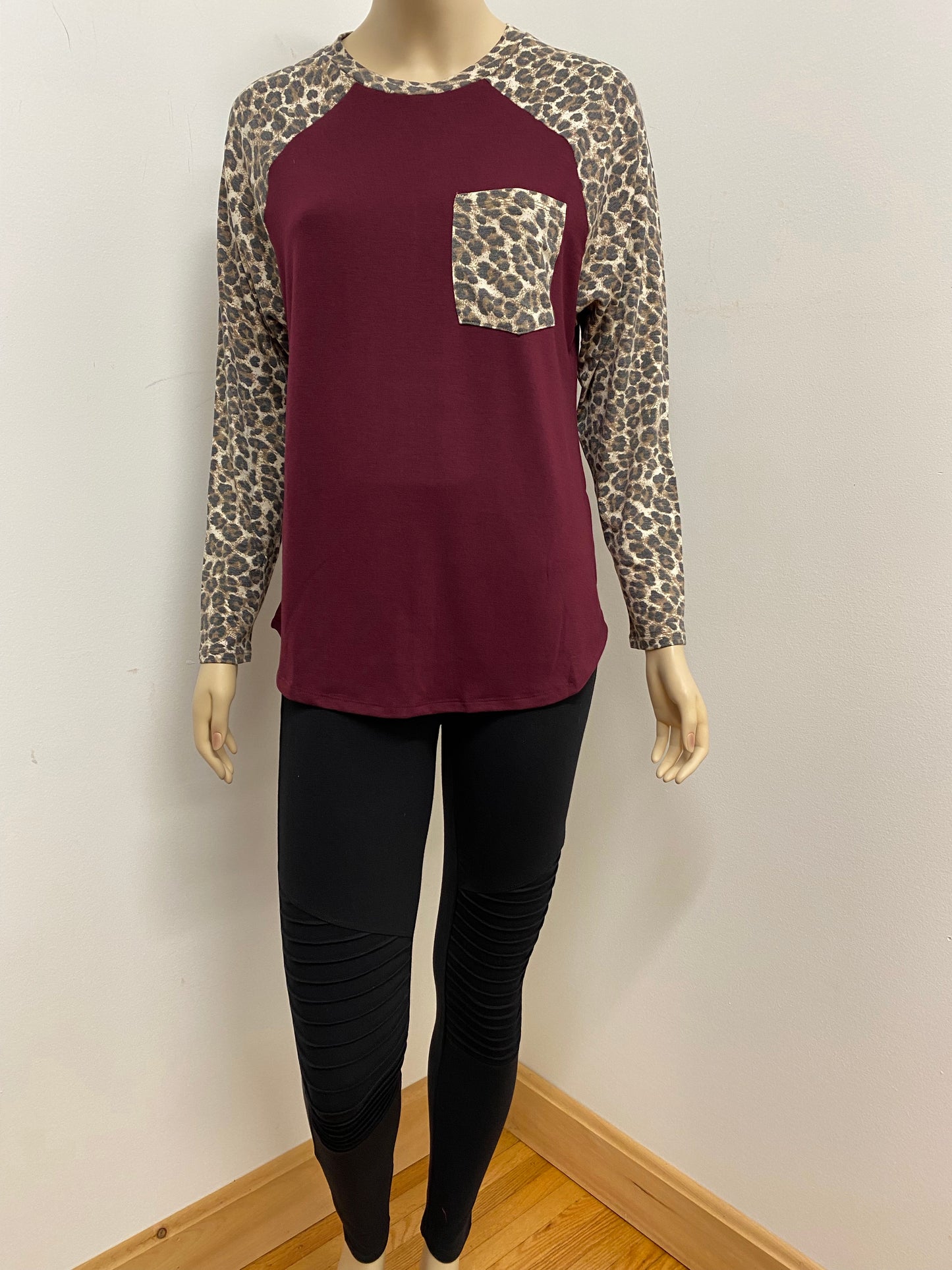 Burgundy Top w/ Leopard Sleeves and Pocket