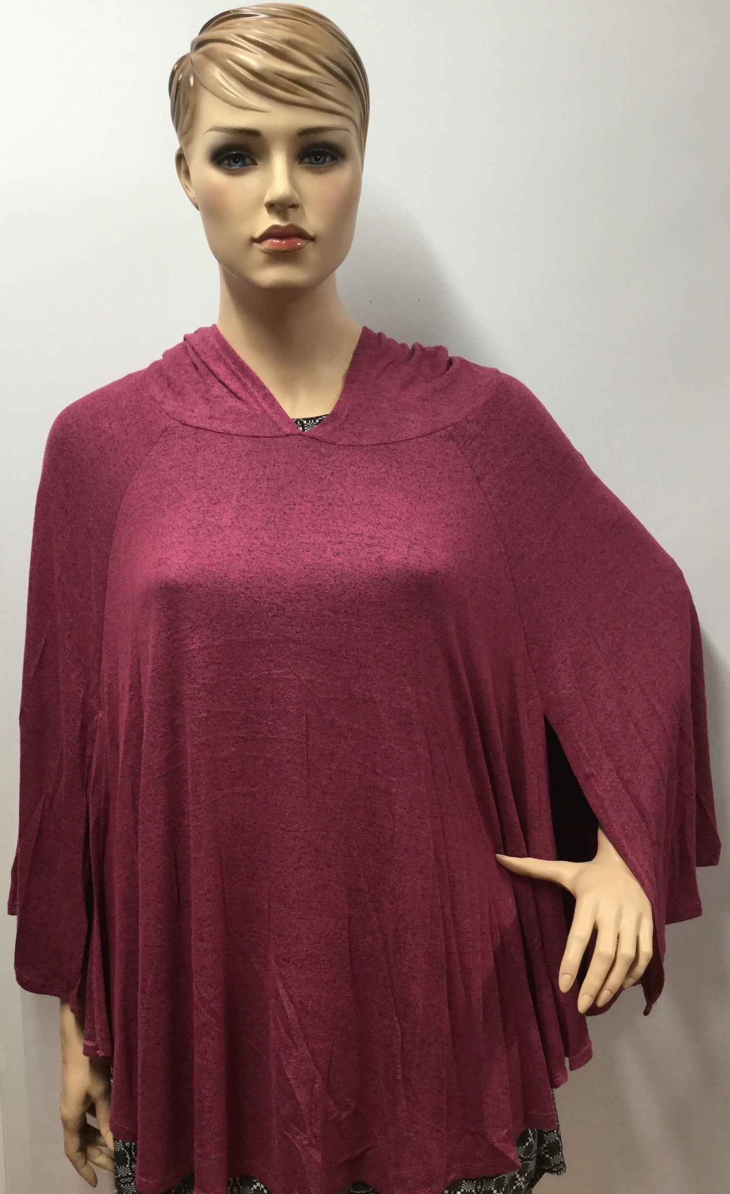 Plus Size Raspberry Hacci Brushed Poncho with Side Slits
