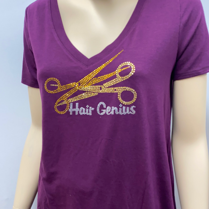 Stylist V Neck "Hair Genius" Rhinestones Top