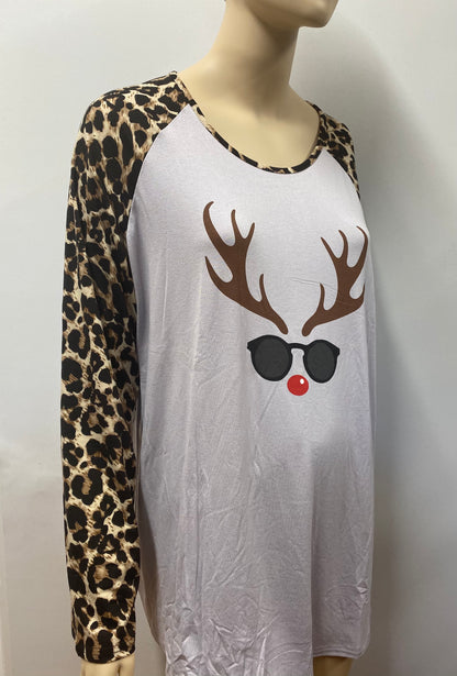 Reindeer T-Shirt with Leopard Print Sleeves