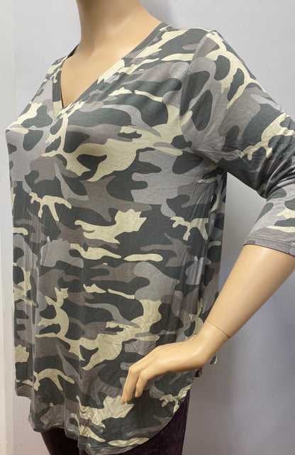 Plus Size Light Green V-Neck Camo top