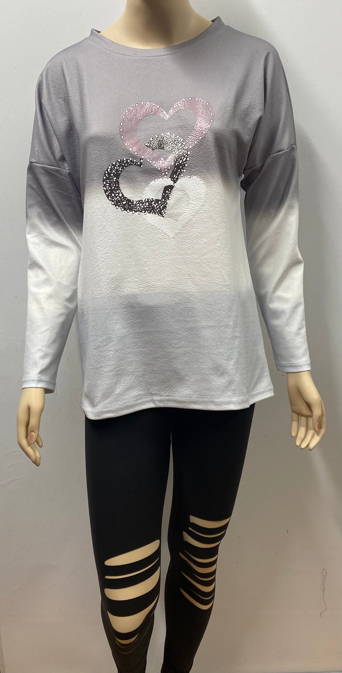 Grey Dip Dye Long Sleeve Top with Hearts