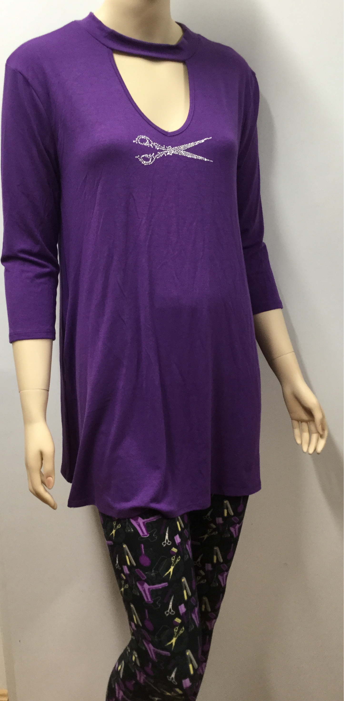 Purple Choker Style Tunic with Pockets and  Scissor Rhinestones