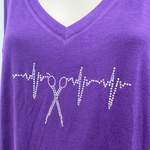 Plum V-neck Tee with Rolled Sleeves with Iridescent Scissor Heartbeat rhinestones