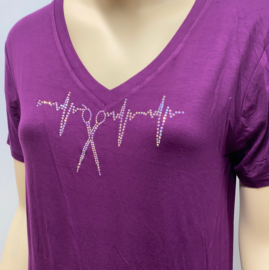 Magenta V-Neck with Iridescent Heartbeat and Scissor Rhinestones