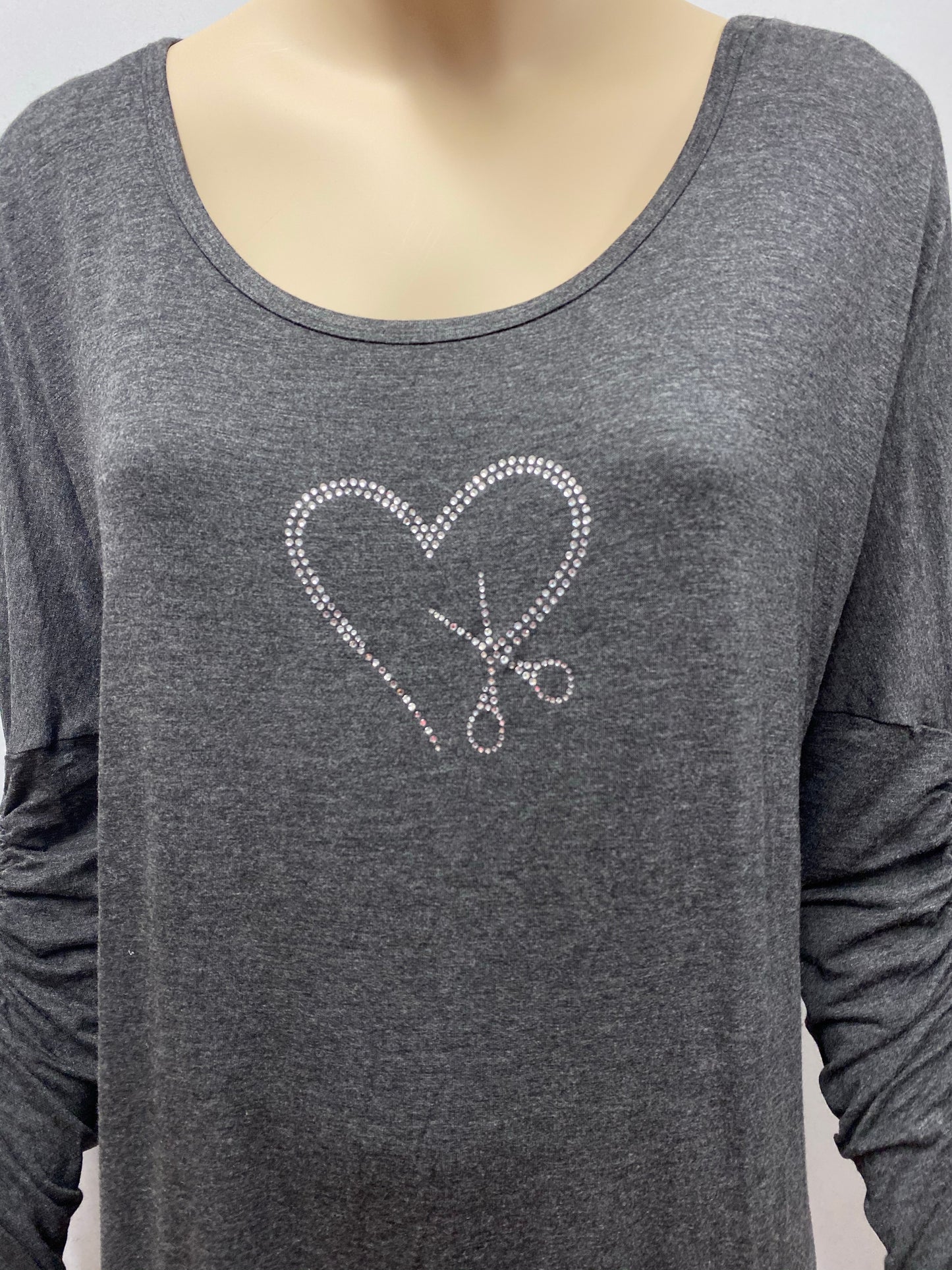 Gray Long  Sleeve  Tunic with Scissor and Heart Rhinestone