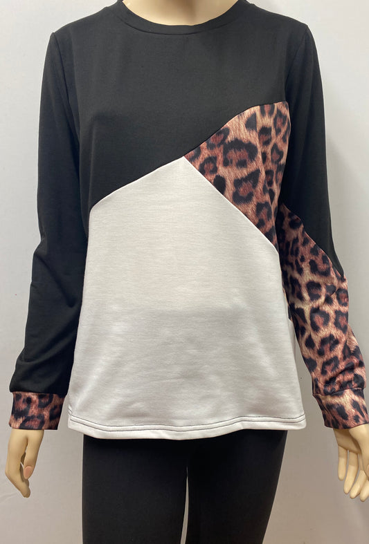 Black Long Sleeve Top with Leopard Accents