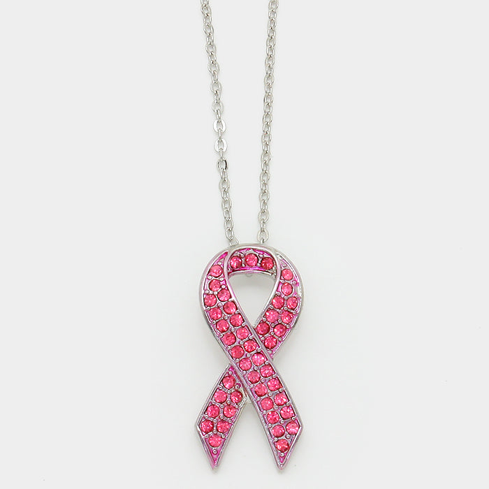 Crystal Pave Pink Ribbon Pendent Necklace